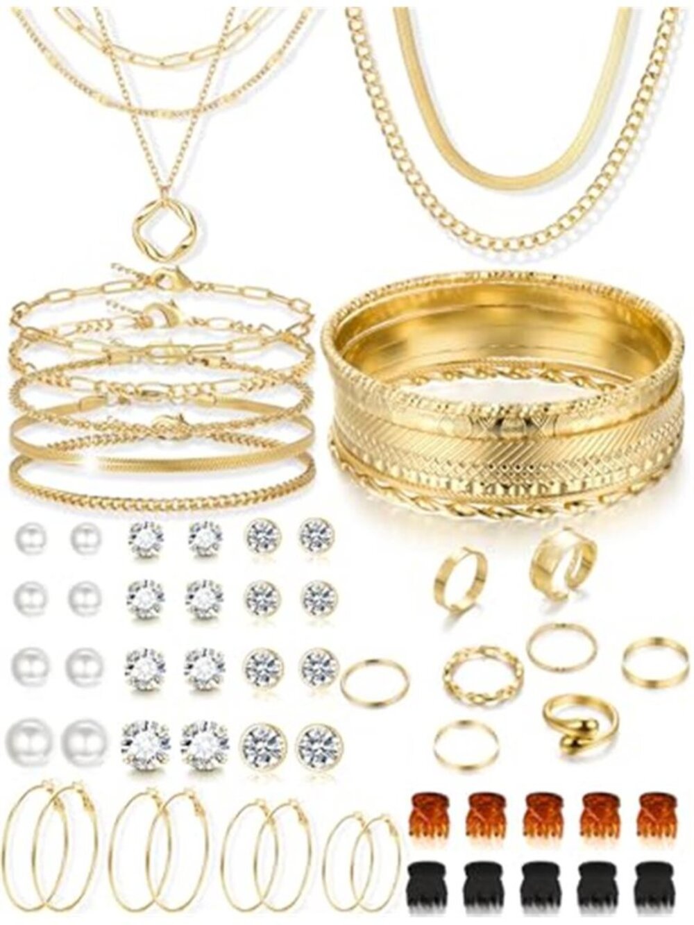 YEEZII 56 Pcs Gold Jewelry Set for Women with 5Pcs Layered Necklace, 5Pcs